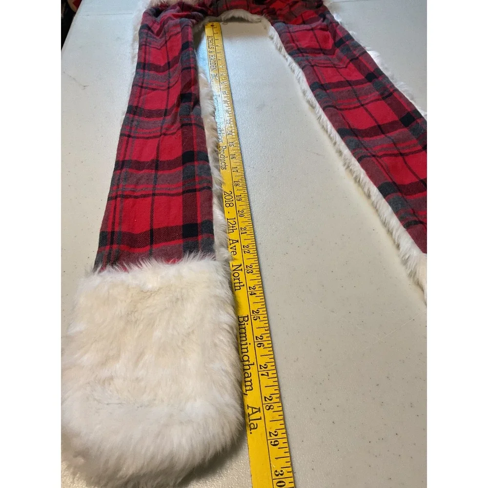 New Polar Bear Faux‎ Fur Hooded Scarf with Mittens Red Plaid Buffalo Check